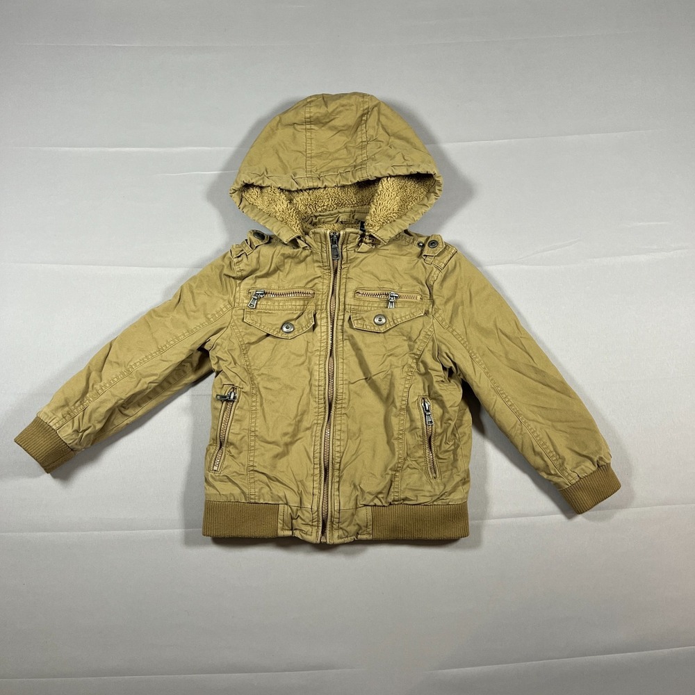 Hard Edge Utility Jacket Kids 7 Beige Sherpa Lined Hooded Full Zip Long Sleeve